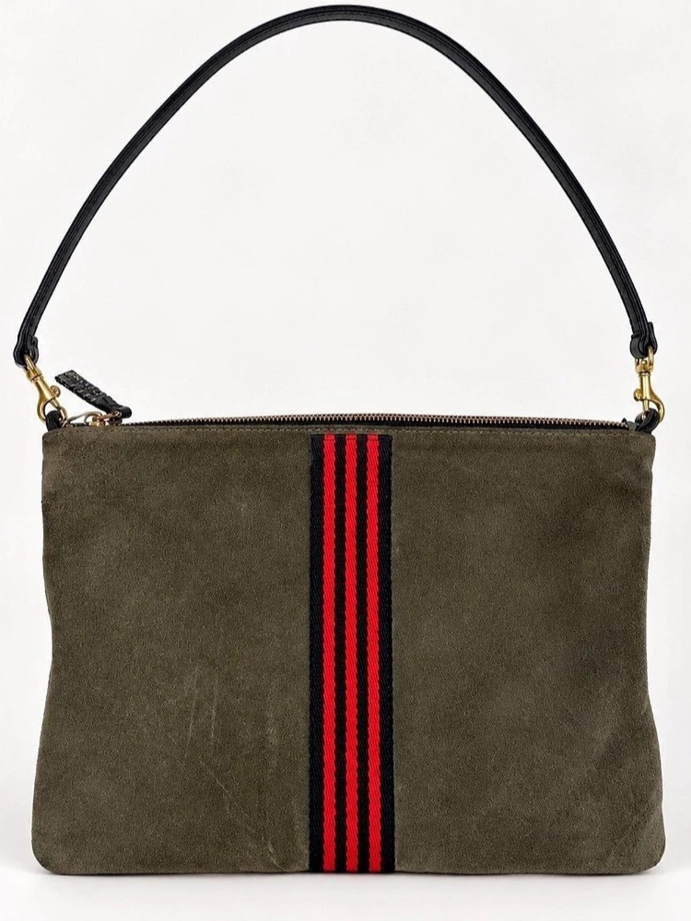 Clare V. Single Sac Bretelle Army Suede Shoulder Bag Red Black Stripe